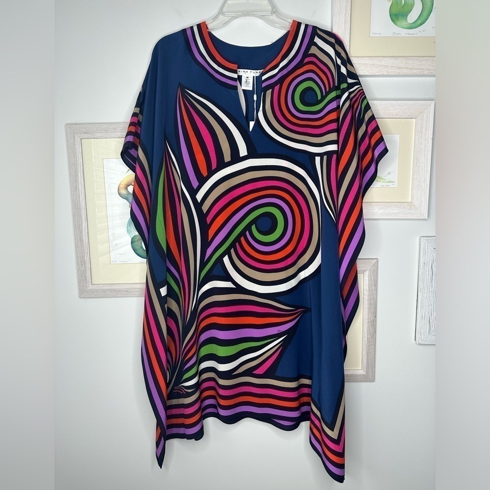 Trina Turk New Navy Swirl Silk Theodora Caftan Dress Women’s XS/S - Picture 3 of 14